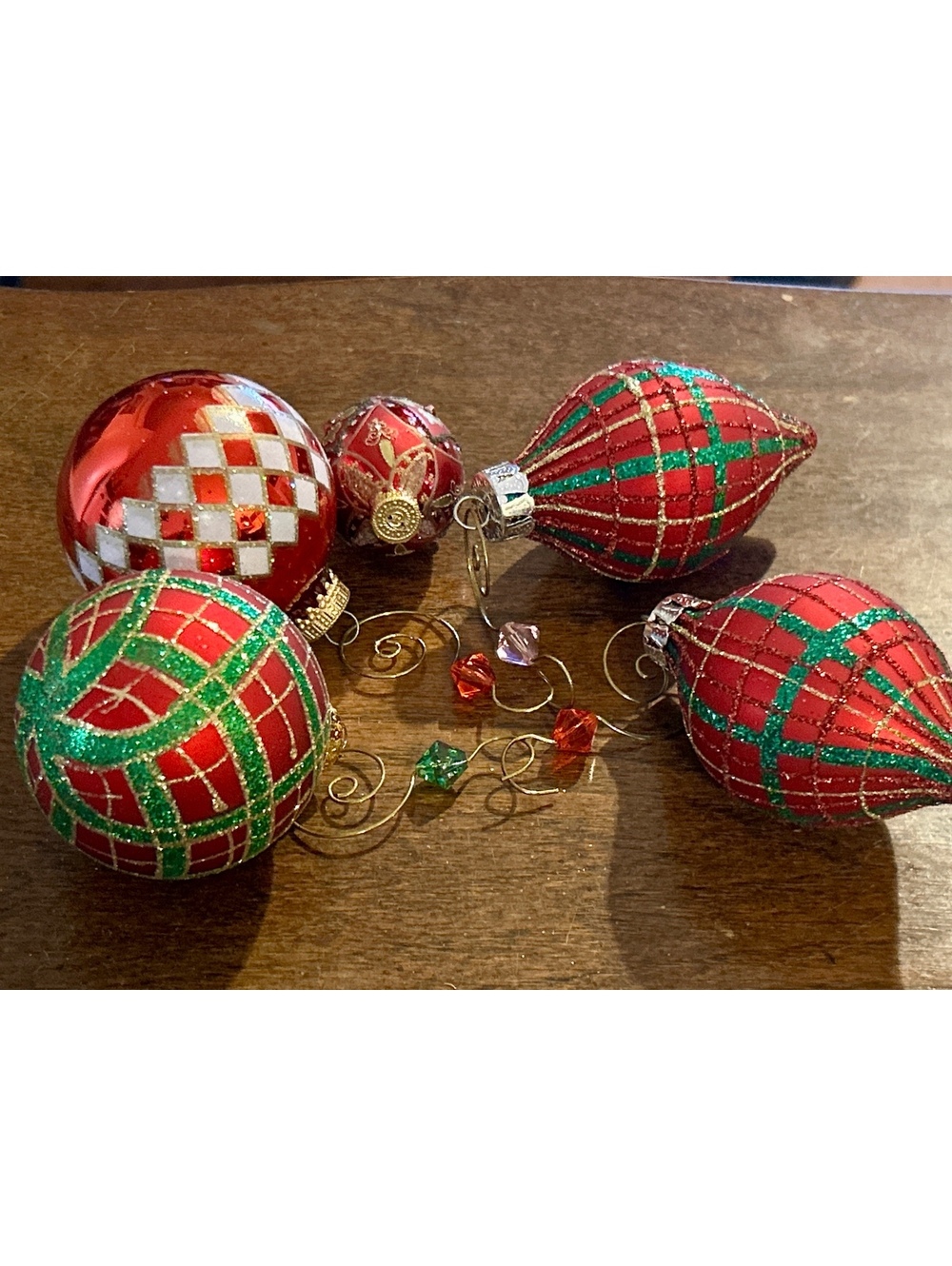 Set of 5 Red and Green Glitter Christmas Ornaments